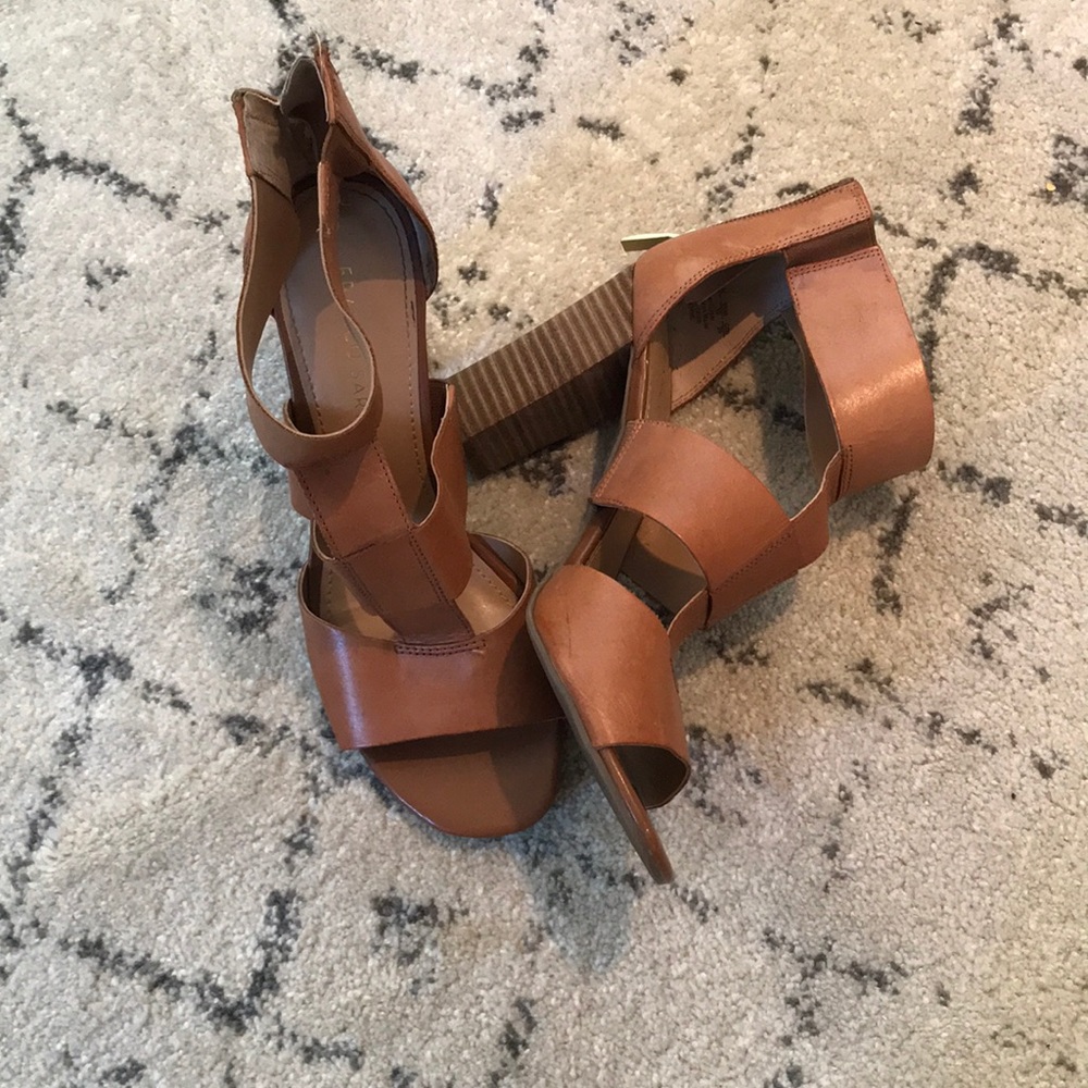 Franco Sarto tan leather strappy zip heels